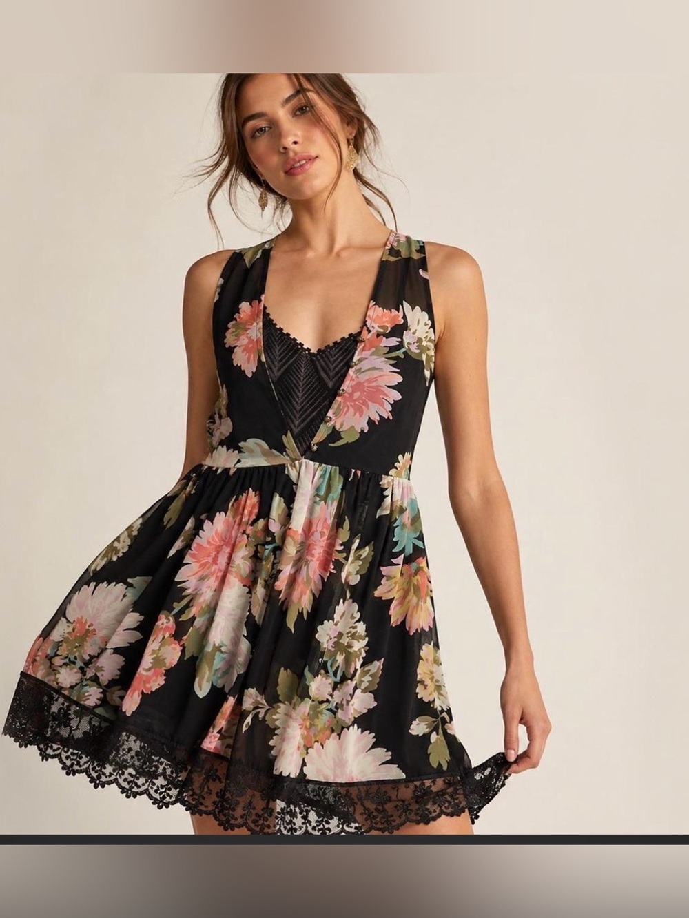 Maeve Violeta Black Floral mini dress with slip